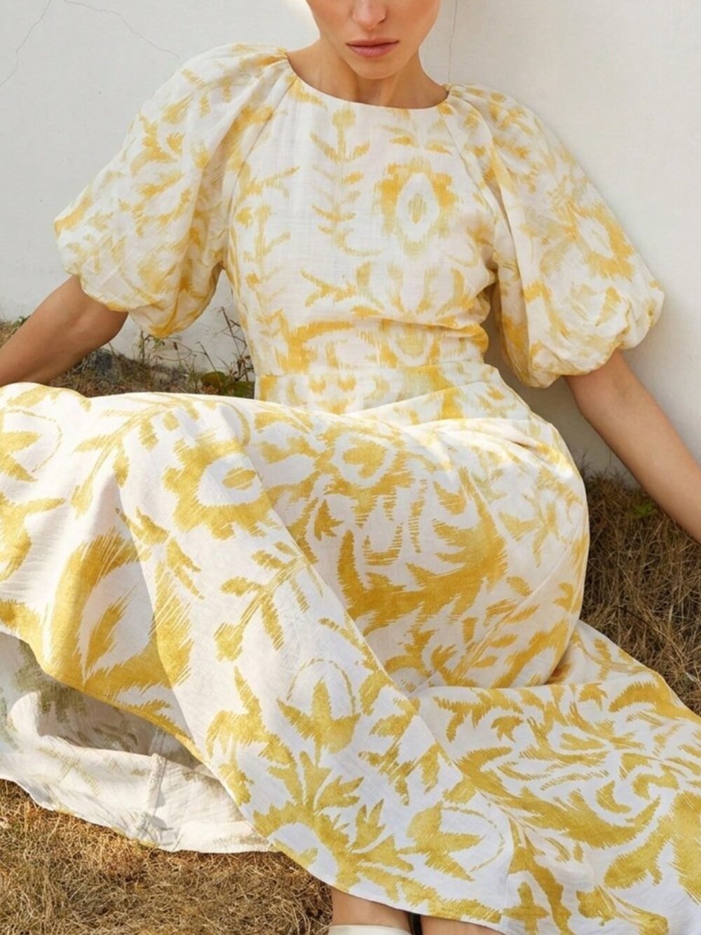 Light Yellow Boho Women's Bamboo Knit Floral Print Short Sleeve Cinched Dress
